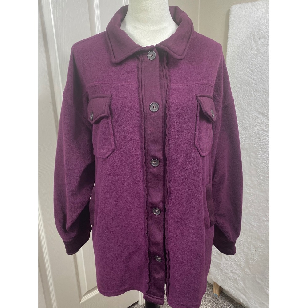Zenana Women's Large Fleece Shirt Jacket Oversized Button‎ Front Shacket Purple